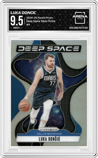Luka Doncic from the 2024-25 Panini Prizm set featuring a Silver Prizm parallel graded by Arena Club and given an overall grade of 9.5.