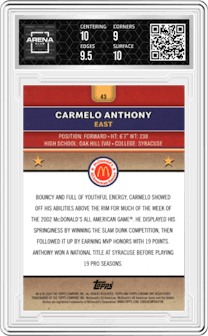 Carmelo Anthony from the 2024 Topps Chrome McDonald's All-American set featuring a Purple Lava Refractor parallel graded by Arena Club and given an overall grade of 9.5.