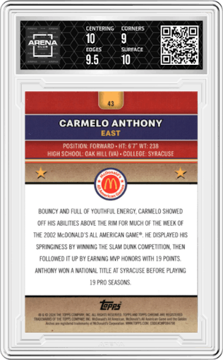 Carmelo Anthony from the 2024 Topps Chrome McDonald's All-American set featuring a Purple Lava Refractor parallel graded by Arena Club and given an overall grade of 9.5.