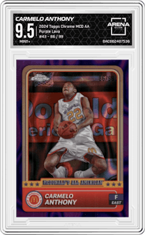 Carmelo Anthony from the 2024 Topps Chrome McDonald's All-American set featuring a Purple Lava Refractor parallel graded by Arena Club and given an overall grade of 9.5.