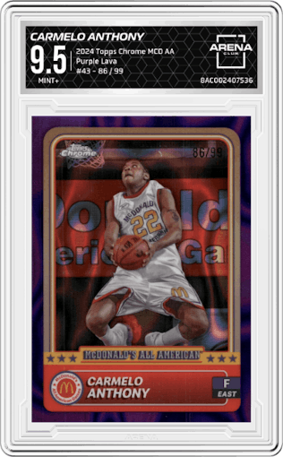 Carmelo Anthony from the 2024 Topps Chrome McDonald's All-American set featuring a Purple Lava Refractor parallel graded by Arena Club and given an overall grade of 9.5.
