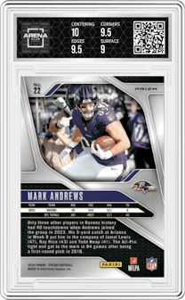 Mark Andrews from the 2024 Panini Prizm set featuring a Green Ice parallel graded by Arena Club and given an overall grade of 9.5.