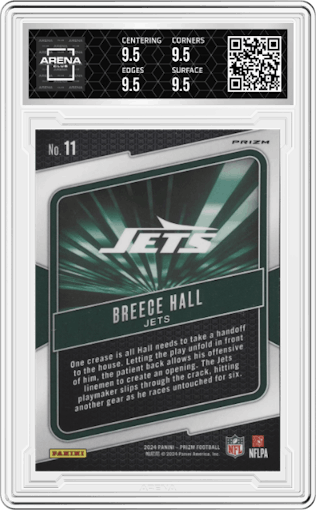 Breece Hall from the 2024 Panini Prizm set featuring a Green Ice parallel graded by Arena Club and given an overall grade of 9.5.