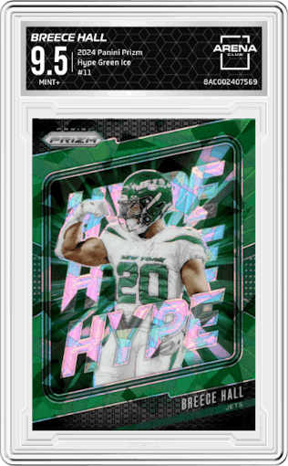 Breece Hall from the 2024 Panini Prizm set featuring a Green Ice parallel graded by Arena Club and given an overall grade of 9.5.