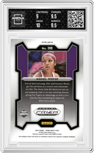Angel Reese from the 2024 Panini Prizm Draft Picks set featuring a Red Wave parallel graded by Arena Club and given an overall grade of 9.5.