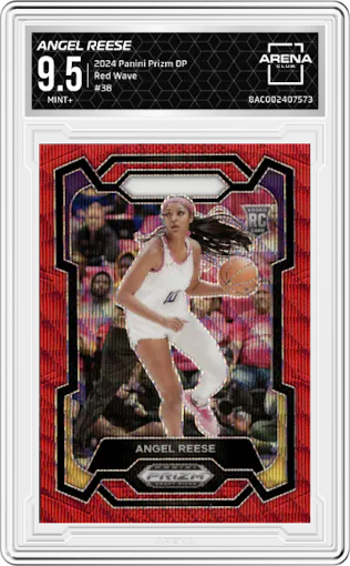 Angel Reese from the 2024 Panini Prizm Draft Picks set featuring a Red Wave parallel graded by Arena Club and given an overall grade of 9.5.
