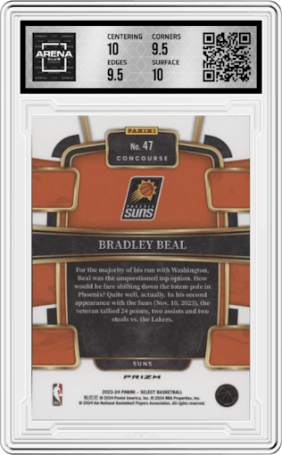 Bradley Beal from the 2023-24 Panini Select  set featuring a Blue Prizm parallel graded by Arena Club and given an overall grade of 10.