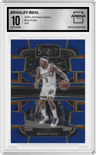 Bradley Beal from the 2023-24 Panini Select  set featuring a Blue Prizm parallel graded by Arena Club and given an overall grade of 10.