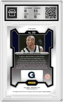 Allen Iverson from the 2024 Panini Prizm Draft Picks set featuring a Purple Wave parallel graded by Arena Club and given an overall grade of 10.