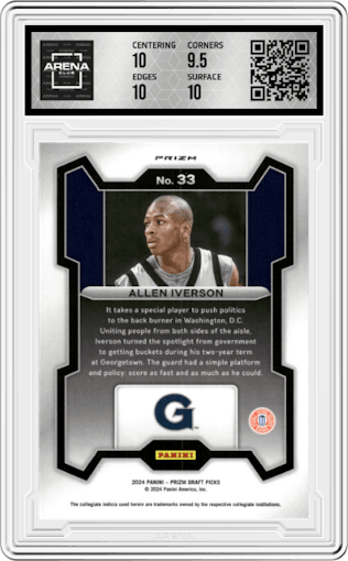 Allen Iverson from the 2024 Panini Prizm Draft Picks set featuring a Purple Wave parallel graded by Arena Club and given an overall grade of 10.