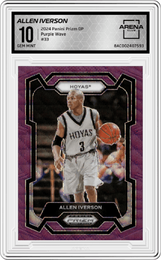 Allen Iverson from the 2024 Panini Prizm Draft Picks set featuring a Purple Wave parallel graded by Arena Club and given an overall grade of 10.