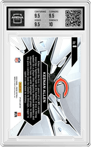 Keenan Allen from the 2024 Panini Prizm set featuring a Green Ice parallel graded by Arena Club and given an overall grade of 10.