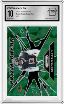 Keenan Allen from the 2024 Panini Prizm set featuring a Green Ice parallel graded by Arena Club and given an overall grade of 10.