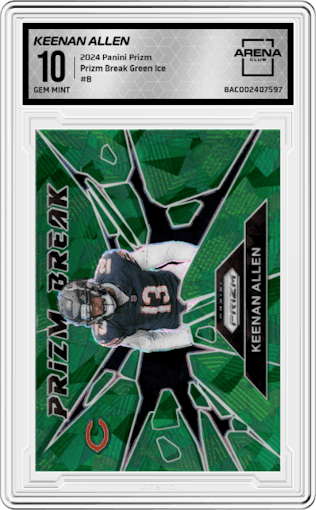 Keenan Allen from the 2024 Panini Prizm set featuring a Green Ice parallel graded by Arena Club and given an overall grade of 10.