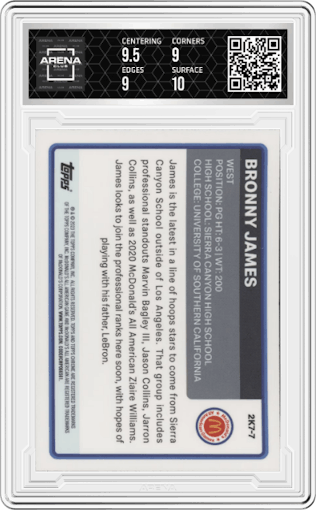 Bronny James from the 2023 Topps Chrome McDonald's All American set graded by Arena Club and given an overall grade of 9.5.