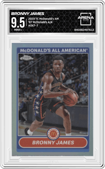 Bronny James from the 2023 Topps Chrome McDonald's All American set graded by Arena Club and given an overall grade of 9.5.