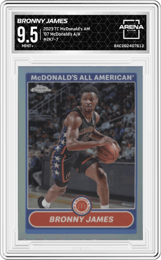 Bronny James from the 2023 Topps Chrome McDonald's All American set graded by Arena Club and given an overall grade of 9.5.