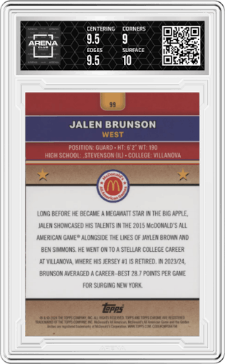 Jalen Brunson from the 2024 Topps Chrome McDonald's All-American set featuring a McFlurry Refractor parallel graded by Arena Club and given an overall grade of 9.5.