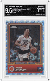 Jalen Brunson from the 2024 Topps Chrome McDonald's All-American set featuring a McFlurry Refractor parallel graded by Arena Club and given an overall grade of 9.5.