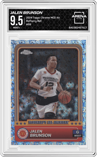 Jalen Brunson from the 2024 Topps Chrome McDonald's All-American set featuring a McFlurry Refractor parallel graded by Arena Club and given an overall grade of 9.5.