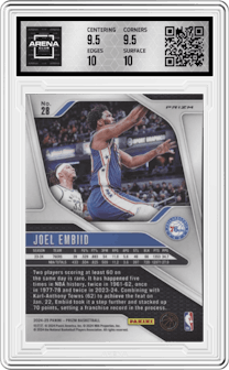 Joel Embiid from the 2024-25 Panini Prizm set featuring a Pink Ice parallel graded by Arena Club and given an overall grade of 10.