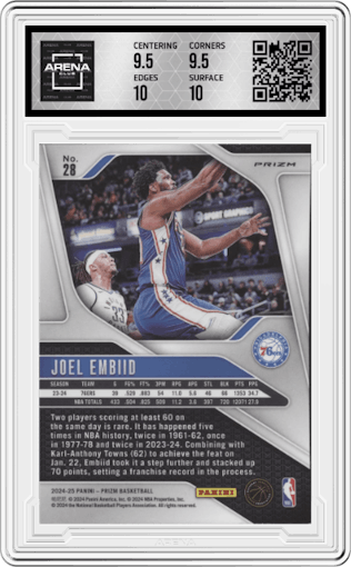 Joel Embiid from the 2024-25 Panini Prizm set featuring a Pink Ice parallel graded by Arena Club and given an overall grade of 10.