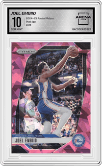 Joel Embiid from the 2024-25 Panini Prizm set featuring a Pink Ice parallel graded by Arena Club and given an overall grade of 10.