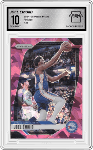 Joel Embiid from the 2024-25 Panini Prizm set featuring a Pink Ice parallel graded by Arena Club and given an overall grade of 10.