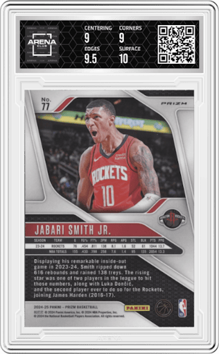 Jabari Smith Jr. from the 2024-25 Panini Prizm set featuring a Pink Ice parallel graded by Arena Club and given an overall grade of 9.5.