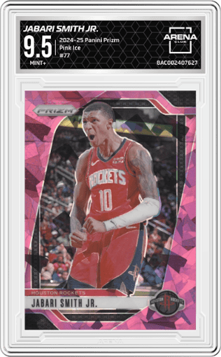Jabari Smith Jr. from the 2024-25 Panini Prizm set featuring a Pink Ice parallel graded by Arena Club and given an overall grade of 9.5.
