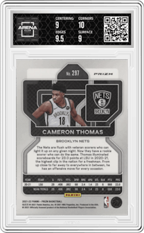 Cameron Thomas from the 2021-22 Panini Prizm  set featuring a Red/White/Blue Prizm parallel graded by Arena Club and given an overall grade of 9.5.