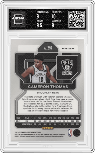Cameron Thomas from the 2021-22 Panini Prizm  set featuring a Red/White/Blue Prizm parallel graded by Arena Club and given an overall grade of 9.5.