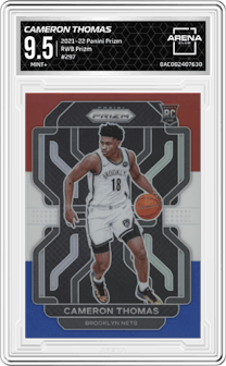 Cameron Thomas from the 2021-22 Panini Prizm  set featuring a Red/White/Blue Prizm parallel graded by Arena Club and given an overall grade of 9.5.