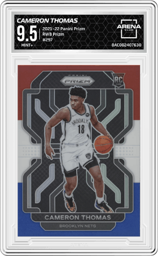 Cameron Thomas from the 2021-22 Panini Prizm  set featuring a Red/White/Blue Prizm parallel graded by Arena Club and given an overall grade of 9.5.
