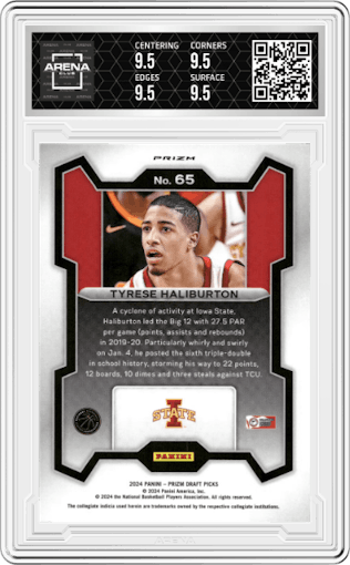 Tyrese Haliburton from the 2024 Panini Prizm Draft Picks set featuring a Silver parallel graded by Arena Club and given an overall grade of 9.5.