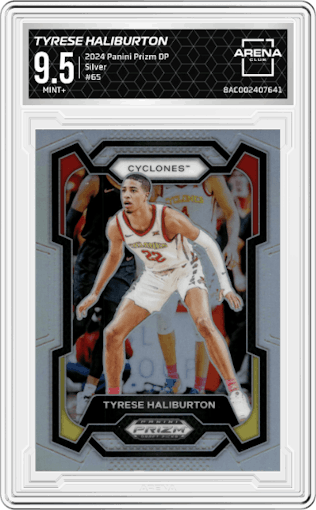 Tyrese Haliburton from the 2024 Panini Prizm Draft Picks set featuring a Silver parallel graded by Arena Club and given an overall grade of 9.5.