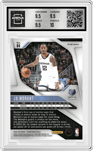 Ja Morant from the 2024-25 Panini Prizm set featuring a Silver Prizm parallel graded by Arena Club and given an overall grade of 10.
