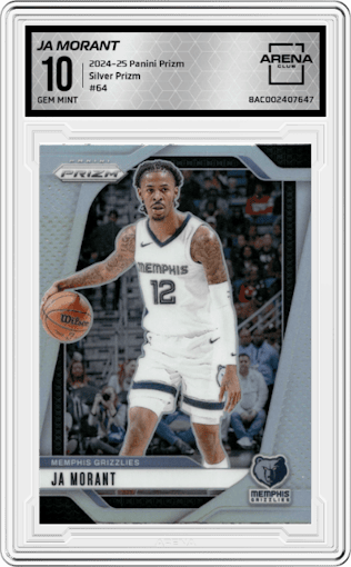 Ja Morant from the 2024-25 Panini Prizm set featuring a Silver Prizm parallel graded by Arena Club and given an overall grade of 10.