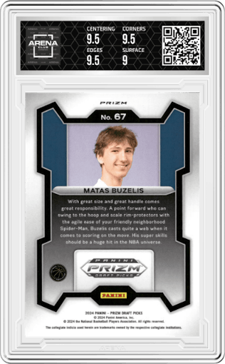 Matas Buzelis  from the 2024 Panini Prizm Draft Picks set featuring a Red Ice parallel graded by Arena Club and given an overall grade of 9.5.