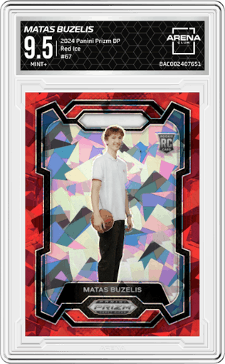 Matas Buzelis  from the 2024 Panini Prizm Draft Picks set featuring a Red Ice parallel graded by Arena Club and given an overall grade of 9.5.