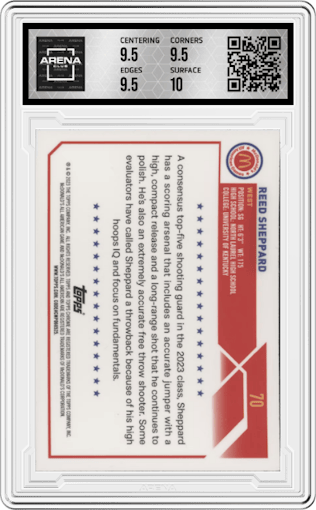 Reed Sheppard from the 2023 Topps Chrome McDonald's All American set graded by Arena Club and given an overall grade of 10.