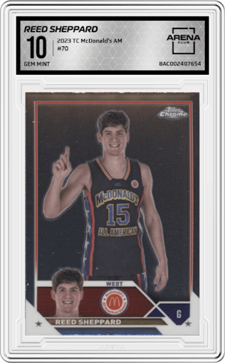 Reed Sheppard from the 2023 Topps Chrome McDonald's All American set graded by Arena Club and given an overall grade of 10.