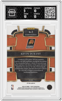 Kevin Durant from the 2023-24 Panini Select  set featuring a Silver Prizm parallel graded by Arena Club and given an overall grade of 9.5.