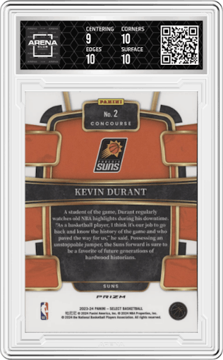 Kevin Durant from the 2023-24 Panini Select  set featuring a Silver Prizm parallel graded by Arena Club and given an overall grade of 9.5.
