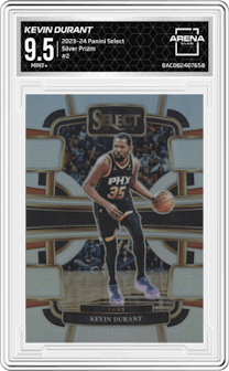 Kevin Durant from the 2023-24 Panini Select  set featuring a Silver Prizm parallel graded by Arena Club and given an overall grade of 9.5.