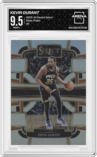 Kevin Durant from the 2023-24 Panini Select  set featuring a Silver Prizm parallel graded by Arena Club and given an overall grade of 9.5.