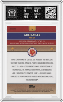 Ace Bailey from the 2024 Topps Chrome McDonald's All-American set featuring a Refractor parallel graded by Arena Club and given an overall grade of 9.5.