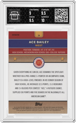 Ace Bailey from the 2024 Topps Chrome McDonald's All-American set featuring a Refractor parallel graded by Arena Club and given an overall grade of 9.5.