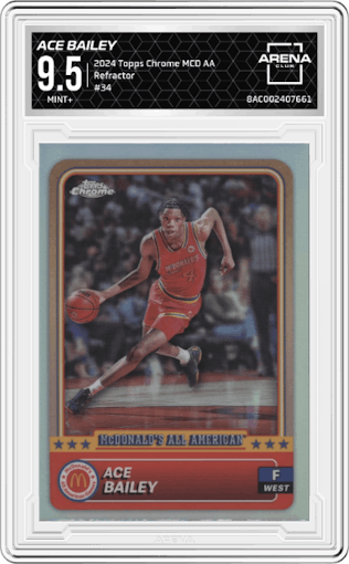 Ace Bailey from the 2024 Topps Chrome McDonald's All-American set featuring a Refractor parallel graded by Arena Club and given an overall grade of 9.5.