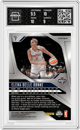Elena Delle Donne from the 2024 Panini Prizm WNBA set featuring a Blue Velocity parallel graded by Arena Club and given an overall grade of 9.5.